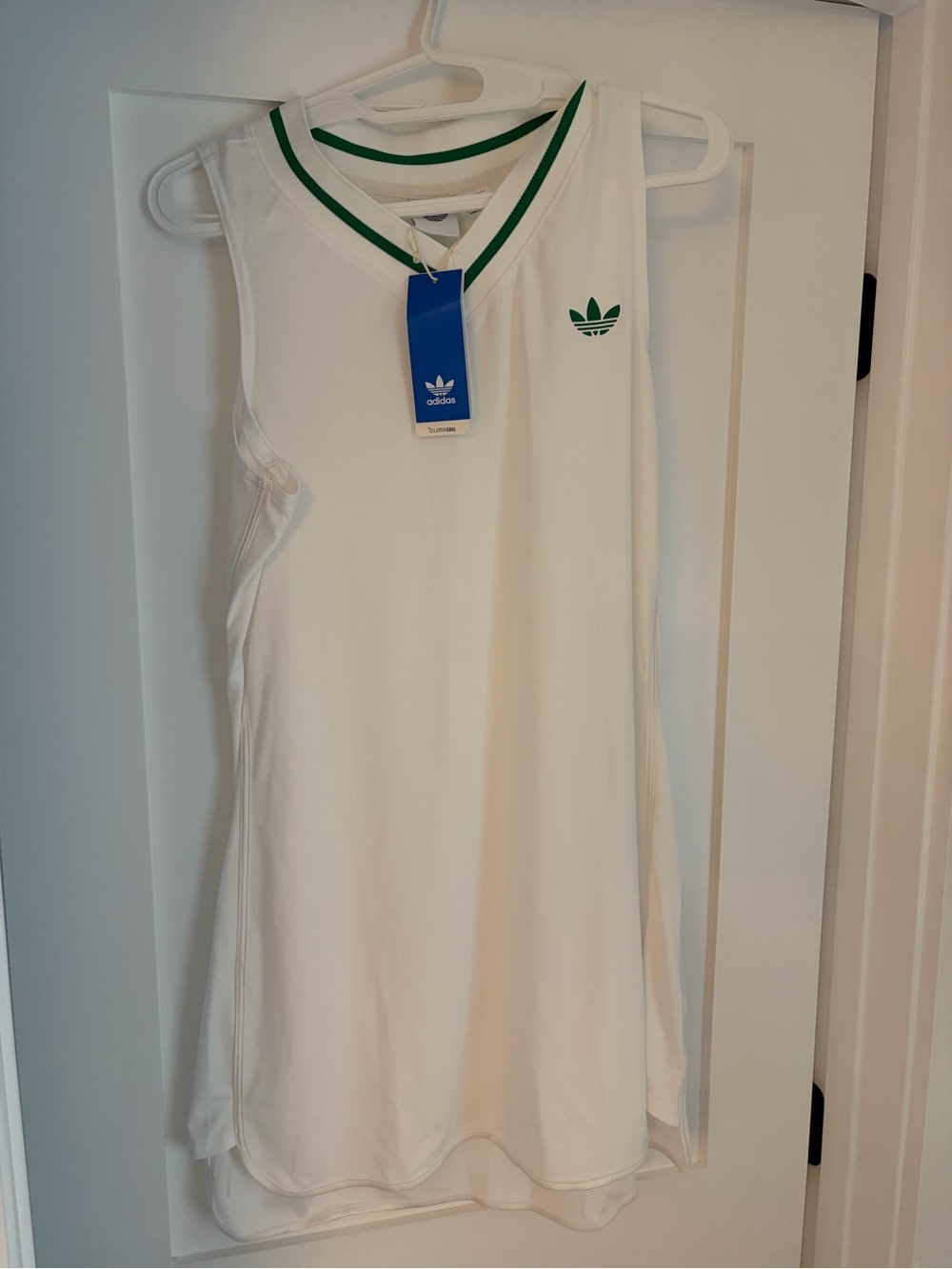 adidas White Tank Top with Green Trim and Trefoil Logo